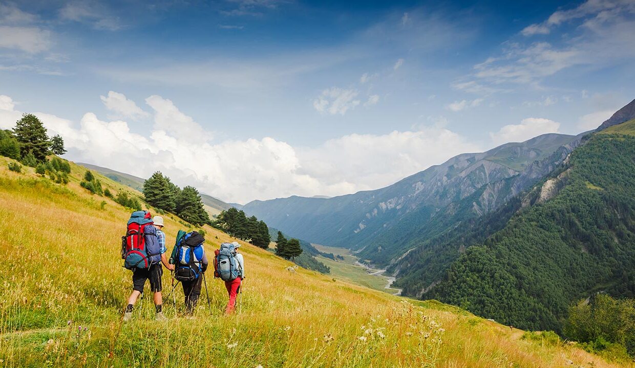 A group of people walking up the side of a hill.